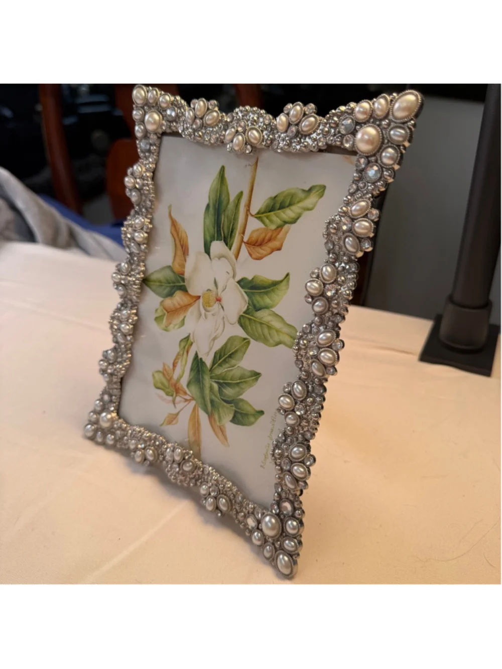 Elegant Pearl & Rhinestone Embellished Picture Frame 5x7 Silver Tone Decorative